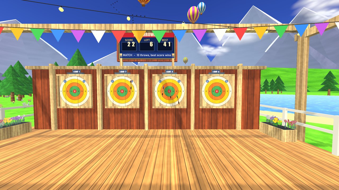 The four target boards from the throw line, the valley behind them